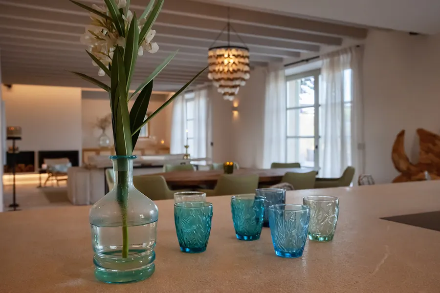 Blue glasses on a kitchen counter in a Mallorcan home