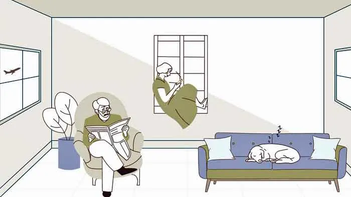 Zeichnung: Bewohner lesen am Fenster eines Passivhauses