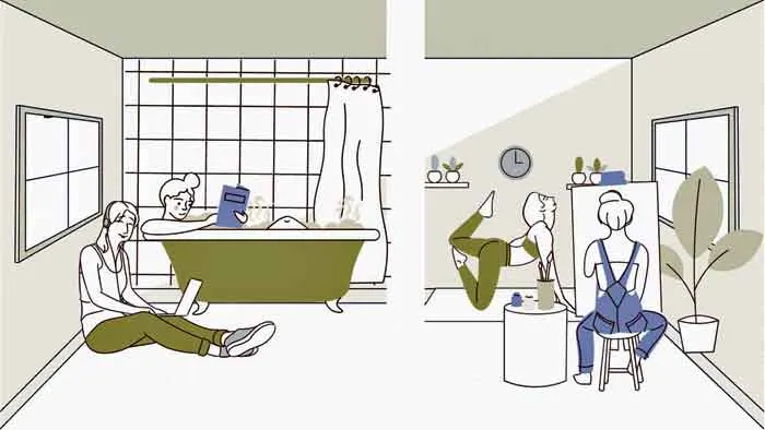Zeichnung: Baden, Yoga und Malen in einem Passivhaus
